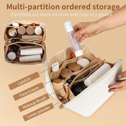 Travel Makeup Bag, Large Capacity Cosmetic Organizer Bags for Women, Waterproof PU Leather Toiletry Bags, Wide Open Flat Makeup Case with Divider and Handle