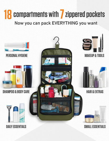 Hanging Travel Toiletry Bag for Women & Men – Large Toiletry Organizer with 18 Compartments, Removable TSA Pouch, Travel Wash Bag for Toiletries, Makeup & Shaving Kit (Forest Green)