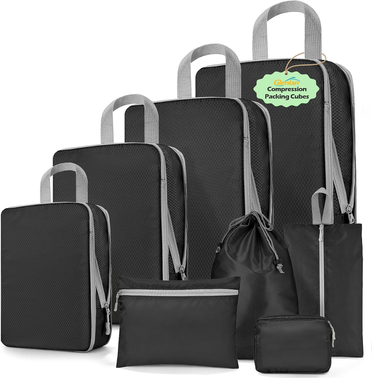 Compression Packing Cubes, Travel Luggage Organizer Bags, Double Zipper Space Saver Storage Cubes, Durable Travel Essentials for Suitcase and Backpack (Jet Black, 8-Set)