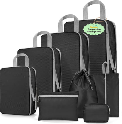 Compression Packing Cubes, Travel Luggage Organizer Bags, Double Zipper Space Saver Storage Cubes, Durable Travel Essentials for Suitcase and Backpack (Jet Black, 8-Set)