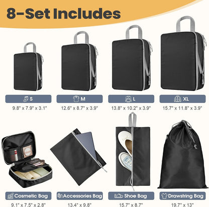 Compression Packing Cubes, Travel Luggage Organizer Bags, Double Zipper Space Saver Storage Cubes, Durable Travel Essentials for Suitcase and Backpack (Jet Black, 8-Set)