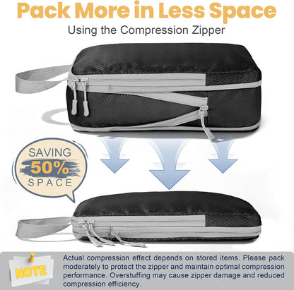Compression Packing Cubes, Travel Luggage Organizer Bags, Double Zipper Space Saver Storage Cubes, Durable Travel Essentials for Suitcase and Backpack (Jet Black, 8-Set)