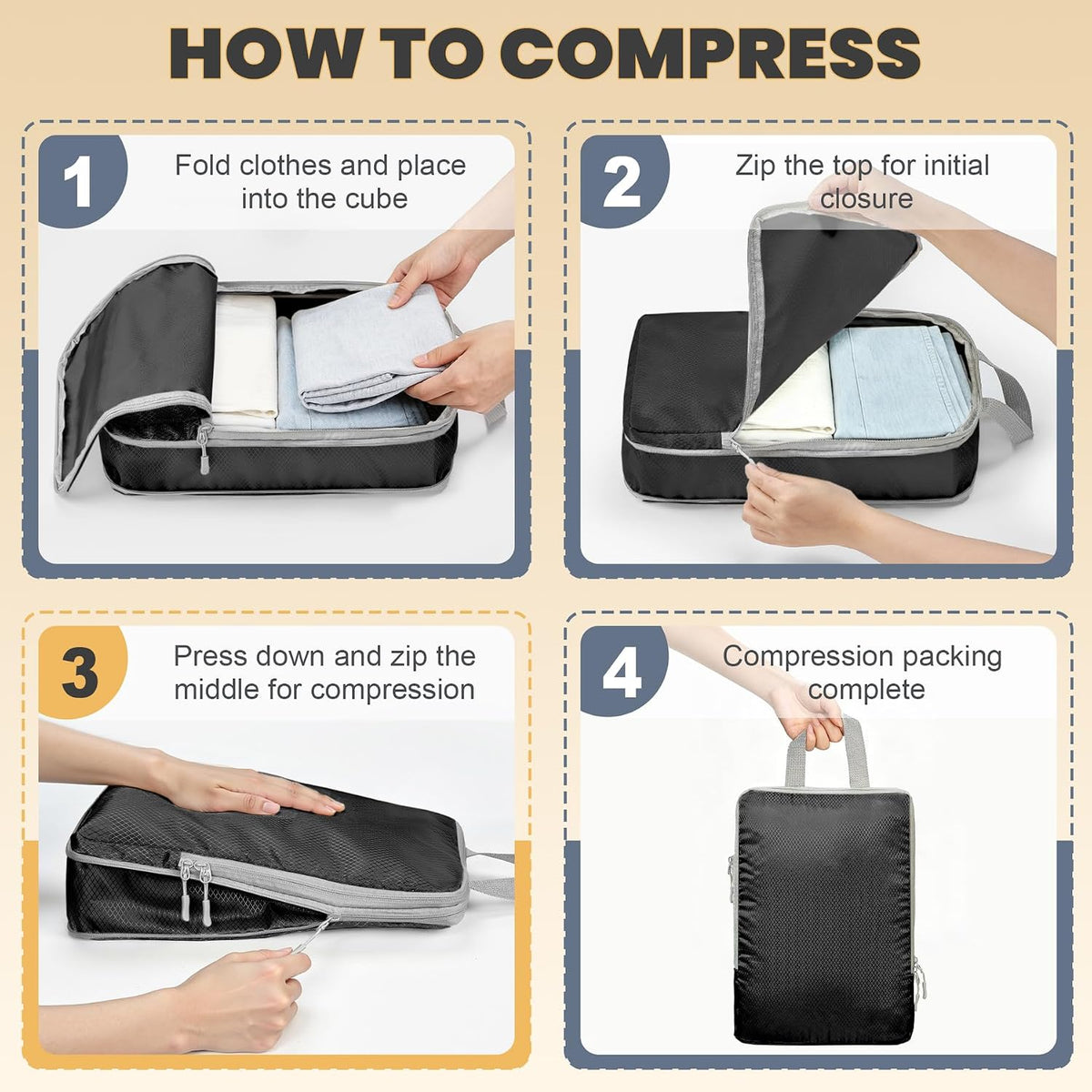 Compression Packing Cubes, Travel Luggage Organizer Bags, Double Zipper Space Saver Storage Cubes, Durable Travel Essentials for Suitcase and Backpack (Jet Black, 8-Set)