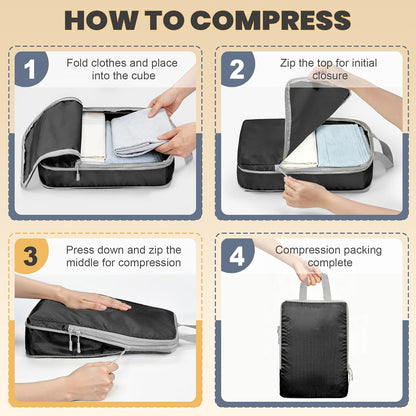 Compression Packing Cubes, Travel Luggage Organizer Bags, Double Zipper Space Saver Storage Cubes, Durable Travel Essentials for Suitcase and Backpack (Jet Black, 8-Set)