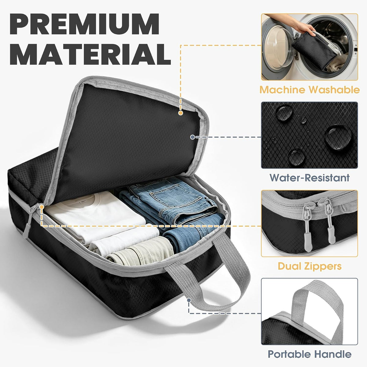 Compression Packing Cubes, Travel Luggage Organizer Bags, Double Zipper Space Saver Storage Cubes, Durable Travel Essentials for Suitcase and Backpack (Jet Black, 8-Set)
