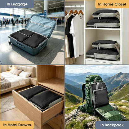 Compression Packing Cubes, Travel Luggage Organizer Bags, Double Zipper Space Saver Storage Cubes, Durable Travel Essentials for Suitcase and Backpack (Jet Black, 8-Set)