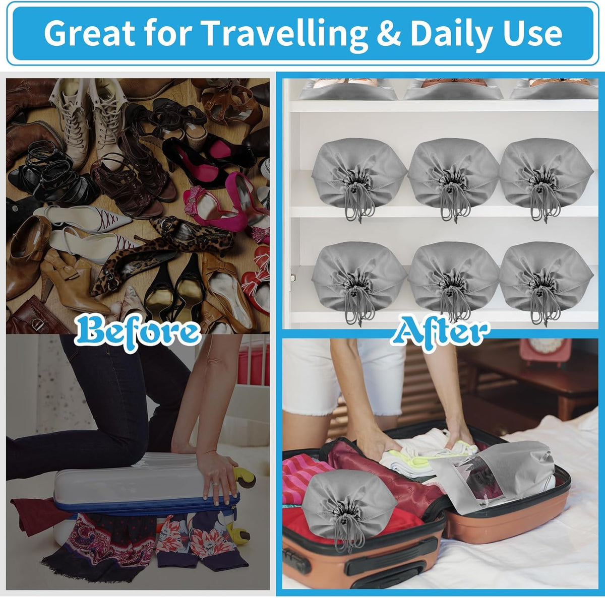 Waterproof Travel Drawstring Shoe Bags for Packing, Storage, Travel Essentials for Men and Women, 15.7 x 11.8 inches, Clear, 5 pieces