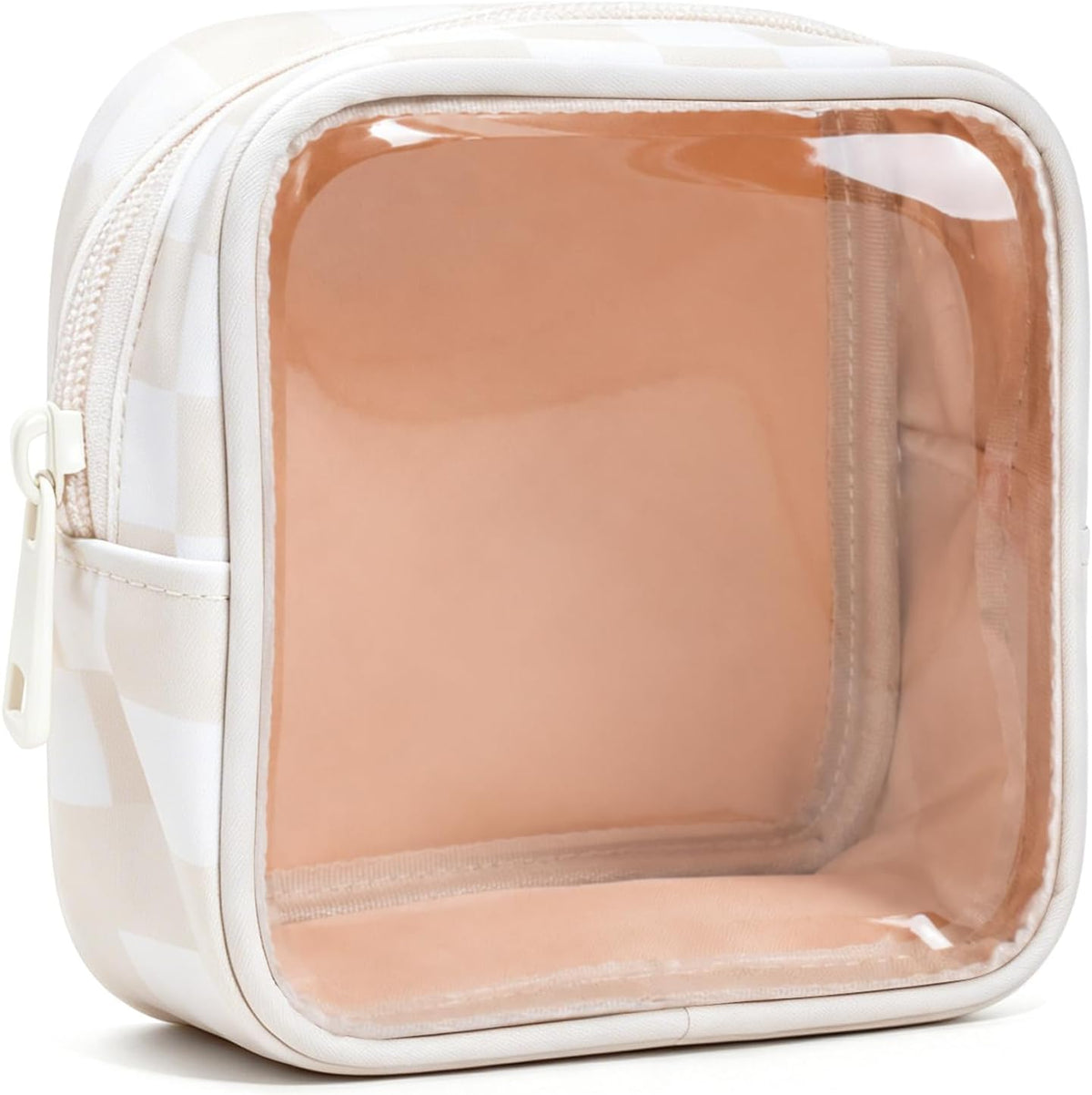 Clear Checkered Makeup Bag, Small Cosmetic Pouch with Zipper Mini Waterproof Makeup Purse Organizer Cute Cosmetic Bag Travel TSA Approved Toiletry Bag Car Organizer for Women Girls (Beige)