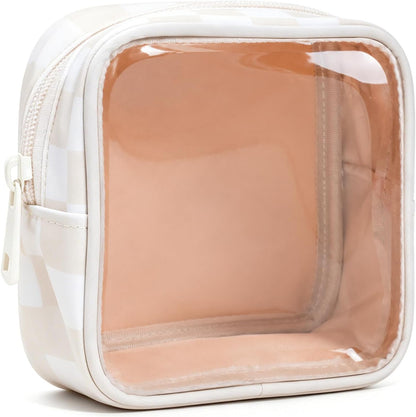 Clear Checkered Makeup Bag, Small Cosmetic Pouch with Zipper Mini Waterproof Makeup Purse Organizer Cute Cosmetic Bag Travel TSA Approved Toiletry Bag Car Organizer for Women Girls (Beige)
