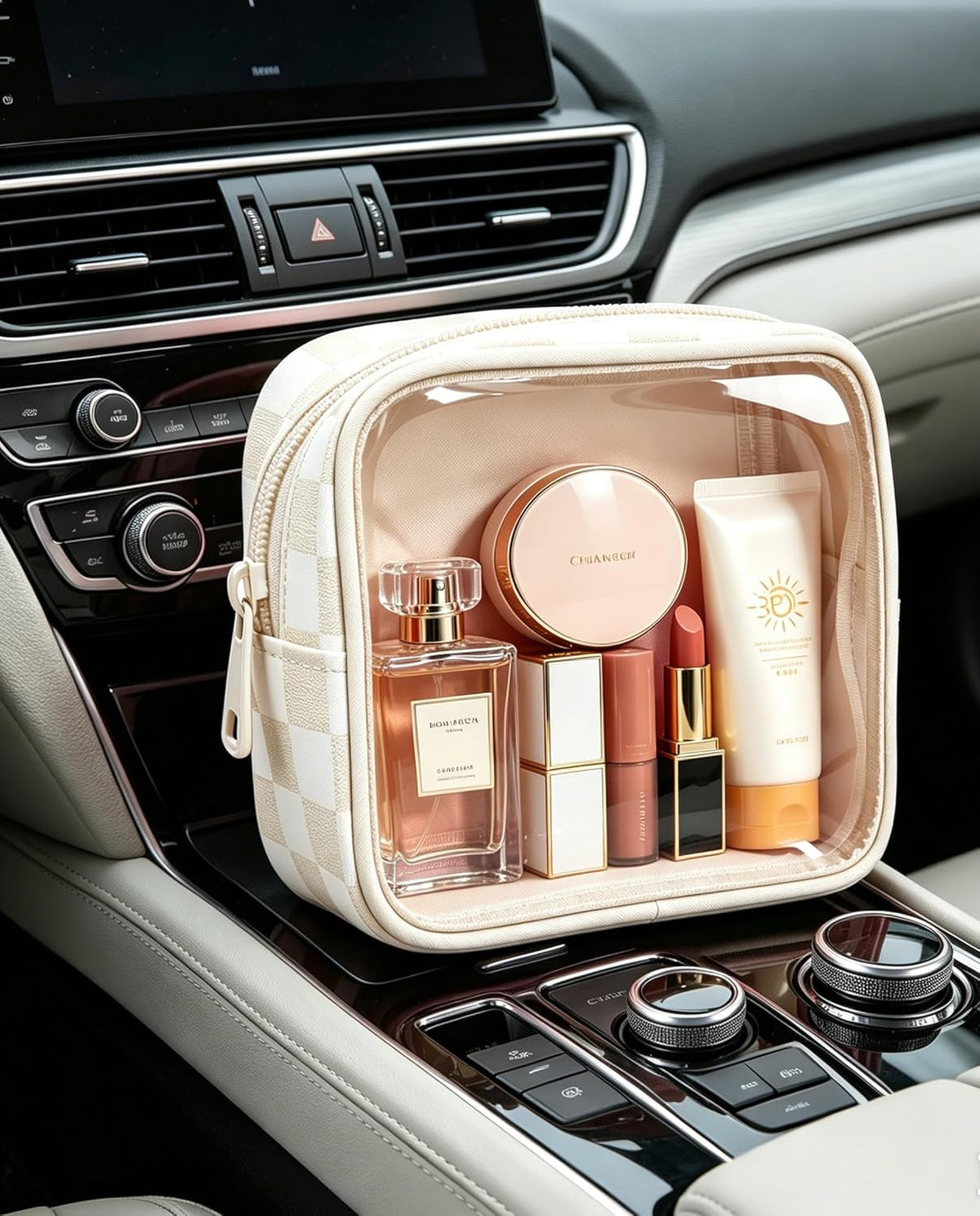 Clear Checkered Makeup Bag, Small Cosmetic Pouch with Zipper Mini Waterproof Makeup Purse Organizer Cute Cosmetic Bag Travel TSA Approved Toiletry Bag Car Organizer for Women Girls (Beige)