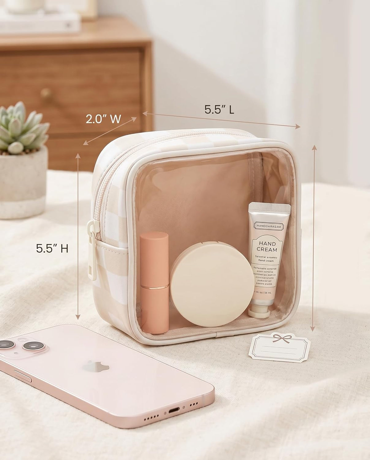 Clear Checkered Makeup Bag, Small Cosmetic Pouch with Zipper Mini Waterproof Makeup Purse Organizer Cute Cosmetic Bag Travel TSA Approved Toiletry Bag Car Organizer for Women Girls (Beige)