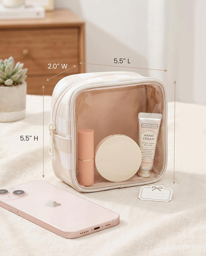 Clear Checkered Makeup Bag, Small Cosmetic Pouch with Zipper Mini Waterproof Makeup Purse Organizer Cute Cosmetic Bag Travel TSA Approved Toiletry Bag Car Organizer for Women Girls (Beige)