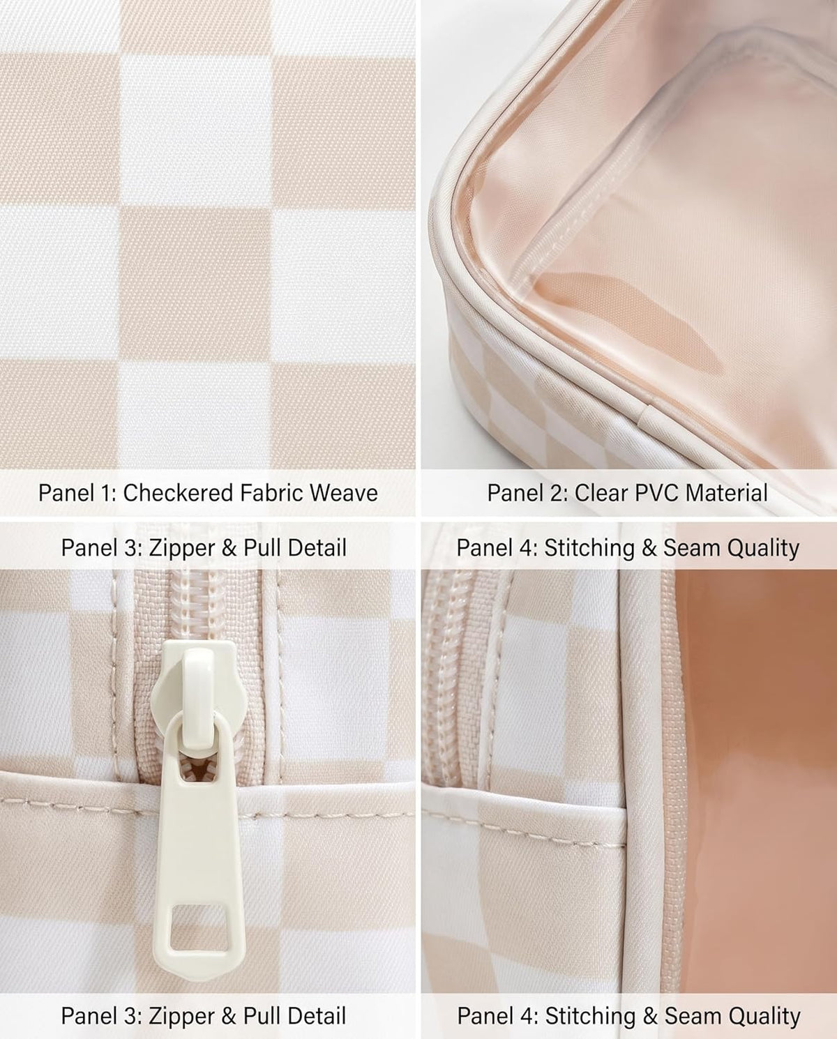 Clear Checkered Makeup Bag, Small Cosmetic Pouch with Zipper Mini Waterproof Makeup Purse Organizer Cute Cosmetic Bag Travel TSA Approved Toiletry Bag Car Organizer for Women Girls (Beige)