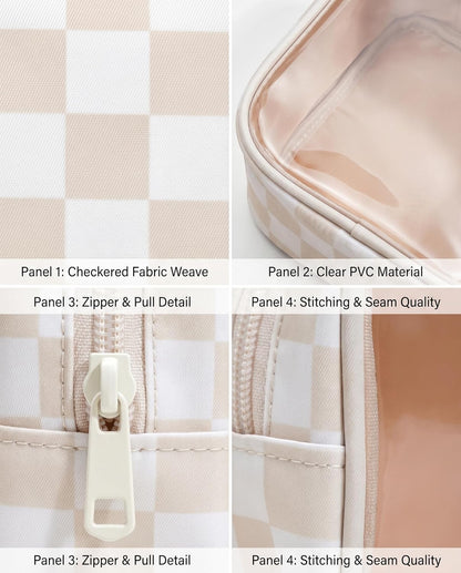 Clear Checkered Makeup Bag, Small Cosmetic Pouch with Zipper Mini Waterproof Makeup Purse Organizer Cute Cosmetic Bag Travel TSA Approved Toiletry Bag Car Organizer for Women Girls (Beige)