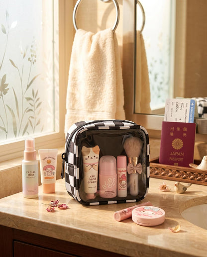 Clear Checkered Makeup Bag, Small Cosmetic Pouch with Zipper Mini Waterproof Makeup Purse Organizer Cute Cosmetic Bag Travel TSA Approved Toiletry Bag Car Organizer for Women Girls (Beige)