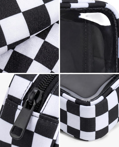 Clear Checkered Makeup Bag, Small Cosmetic Pouch with Zipper Mini Waterproof Makeup Purse Organizer Cute Cosmetic Bag Travel TSA Approved Toiletry Bag Car Organizer for Women Girls (Beige)
