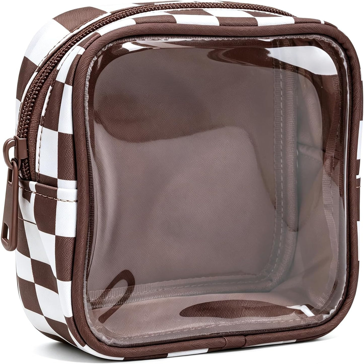 Clear Checkered Makeup Bag, Small Cosmetic Pouch with Zipper Mini Waterproof Makeup Purse Organizer Cute Cosmetic Bag Travel TSA Approved Toiletry Bag Car Organizer for Women Girls (Beige)