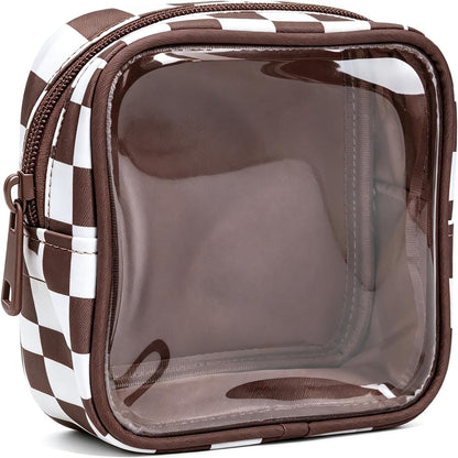 Clear Checkered Makeup Bag, Small Cosmetic Pouch with Zipper Mini Waterproof Makeup Purse Organizer Cute Cosmetic Bag Travel TSA Approved Toiletry Bag Car Organizer for Women Girls (Beige)