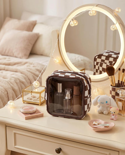 Clear Checkered Makeup Bag, Small Cosmetic Pouch with Zipper Mini Waterproof Makeup Purse Organizer Cute Cosmetic Bag Travel TSA Approved Toiletry Bag Car Organizer for Women Girls (Beige)
