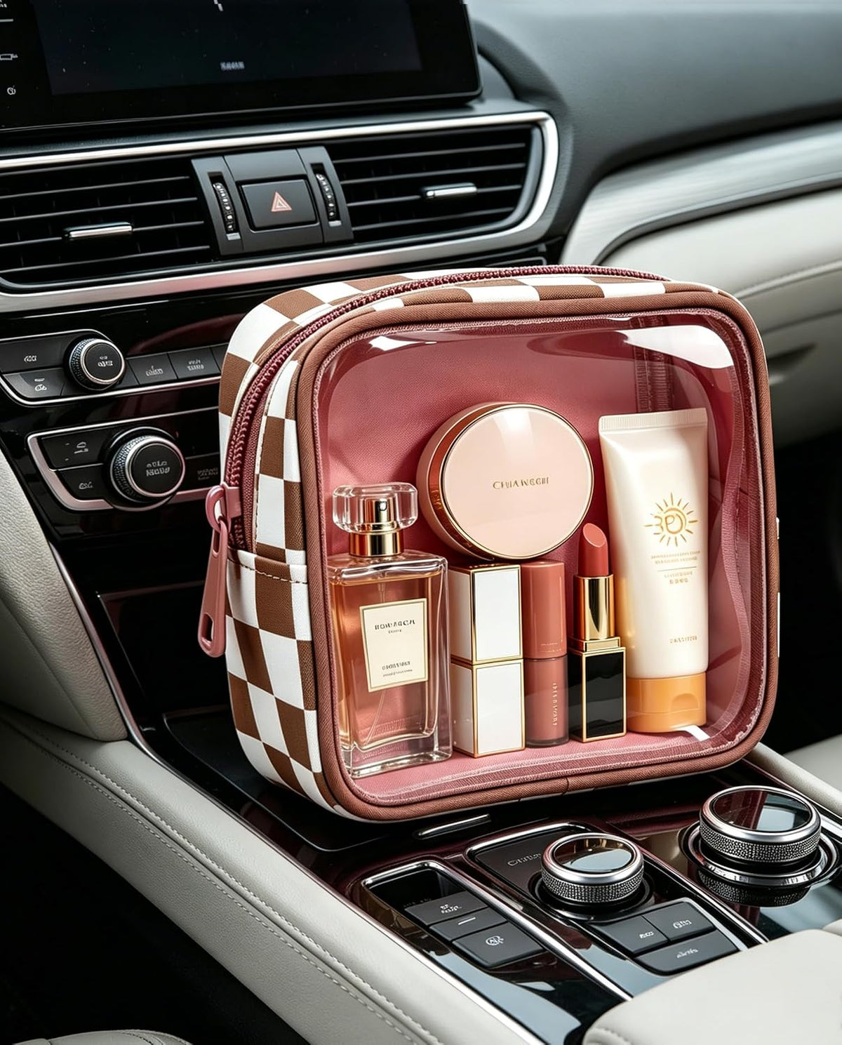 Clear Checkered Makeup Bag, Small Cosmetic Pouch with Zipper Mini Waterproof Makeup Purse Organizer Cute Cosmetic Bag Travel TSA Approved Toiletry Bag Car Organizer for Women Girls (Beige)