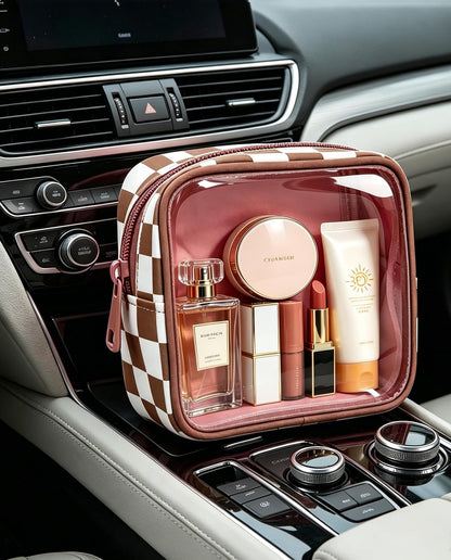 Clear Checkered Makeup Bag, Small Cosmetic Pouch with Zipper Mini Waterproof Makeup Purse Organizer Cute Cosmetic Bag Travel TSA Approved Toiletry Bag Car Organizer for Women Girls (Beige)