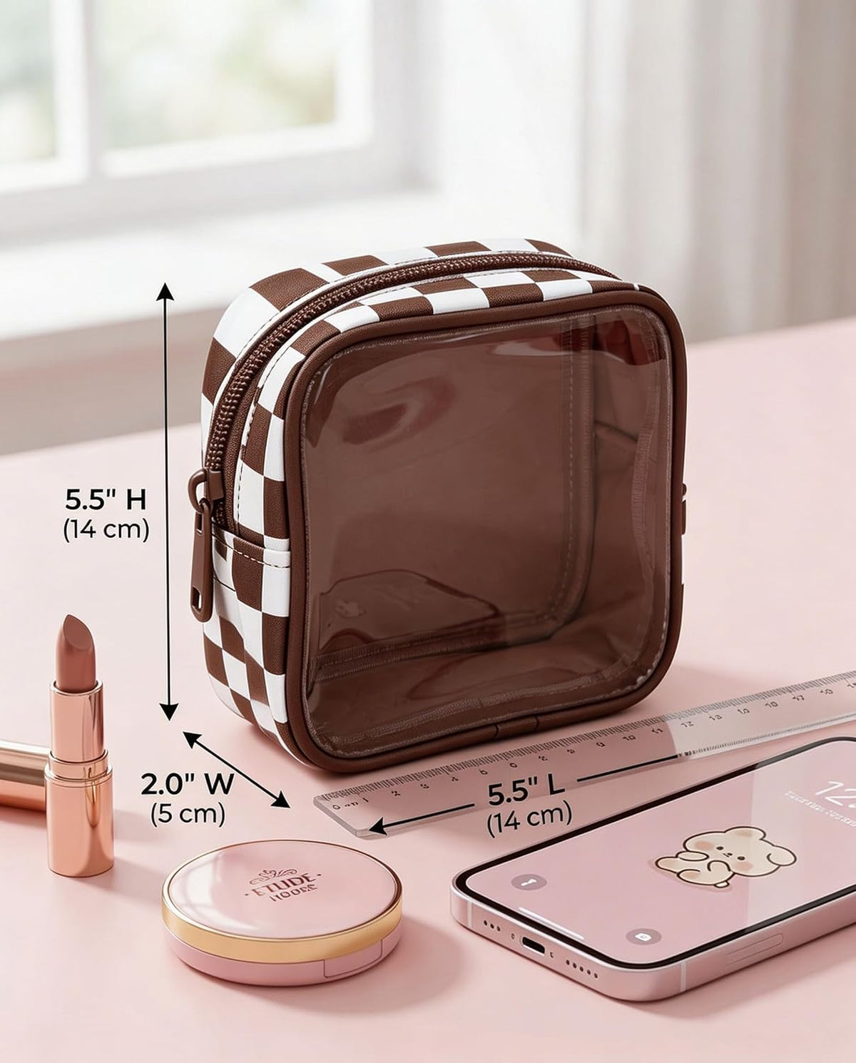 Clear Checkered Makeup Bag, Small Cosmetic Pouch with Zipper Mini Waterproof Makeup Purse Organizer Cute Cosmetic Bag Travel TSA Approved Toiletry Bag Car Organizer for Women Girls (Beige)