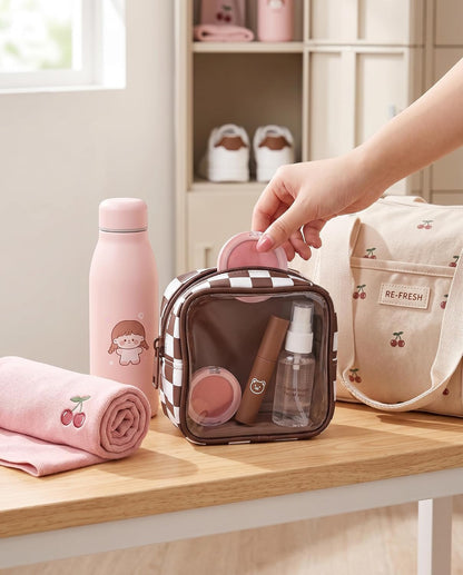 Clear Checkered Makeup Bag, Small Cosmetic Pouch with Zipper Mini Waterproof Makeup Purse Organizer Cute Cosmetic Bag Travel TSA Approved Toiletry Bag Car Organizer for Women Girls (Beige)