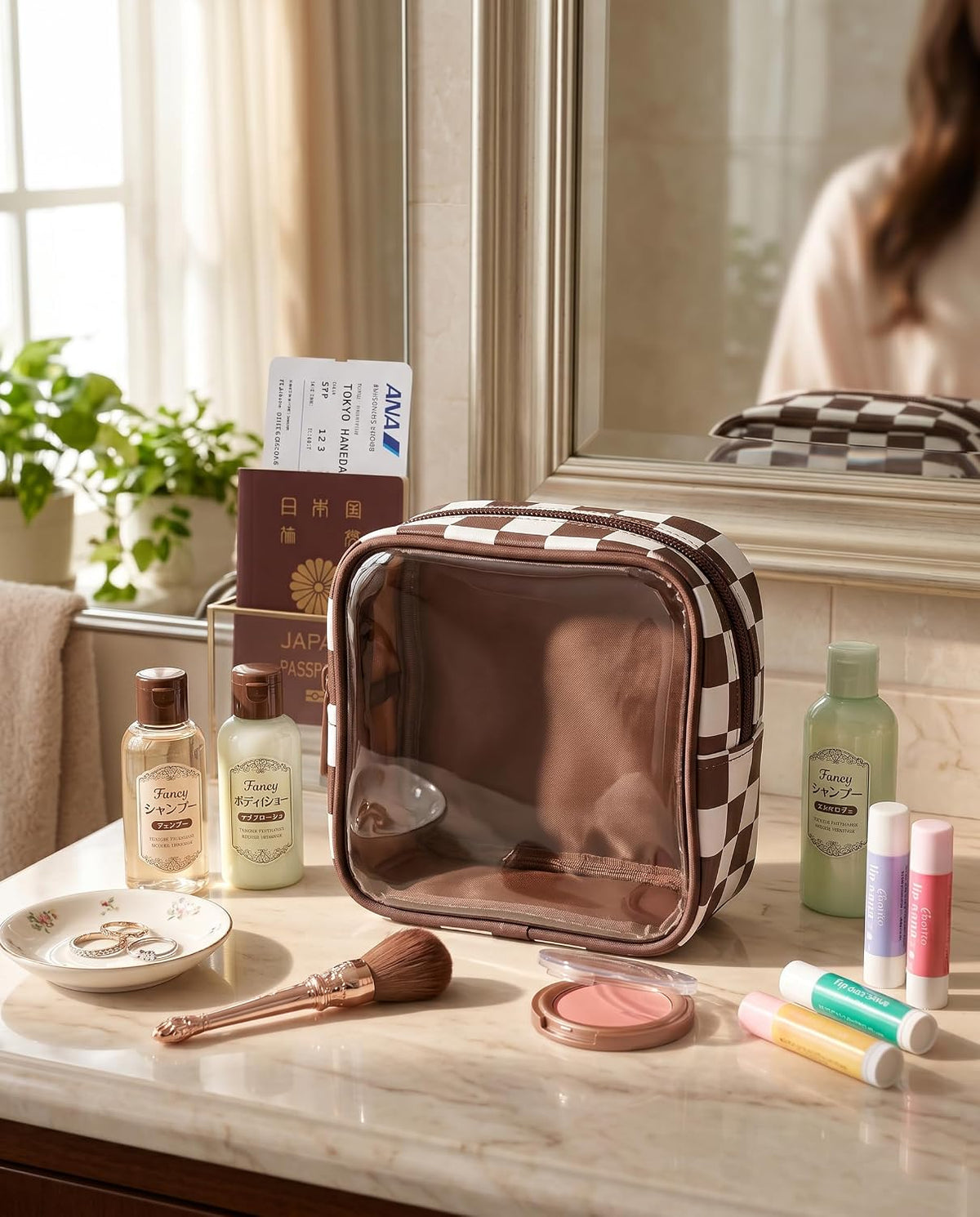 Clear Checkered Makeup Bag, Small Cosmetic Pouch with Zipper Mini Waterproof Makeup Purse Organizer Cute Cosmetic Bag Travel TSA Approved Toiletry Bag Car Organizer for Women Girls (Beige)