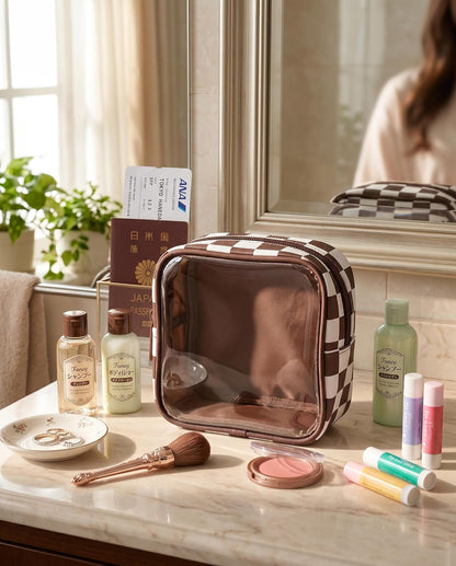 Clear Checkered Makeup Bag, Small Cosmetic Pouch with Zipper Mini Waterproof Makeup Purse Organizer Cute Cosmetic Bag Travel TSA Approved Toiletry Bag Car Organizer for Women Girls (Beige)