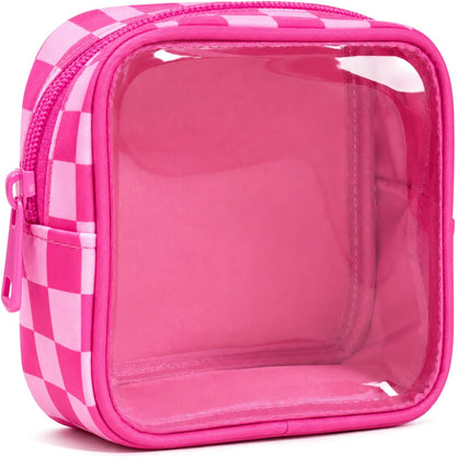 Clear Checkered Makeup Bag, Small Cosmetic Pouch with Zipper Mini Waterproof Makeup Purse Organizer Cute Cosmetic Bag Travel TSA Approved Toiletry Bag Car Organizer for Women Girls (Beige)