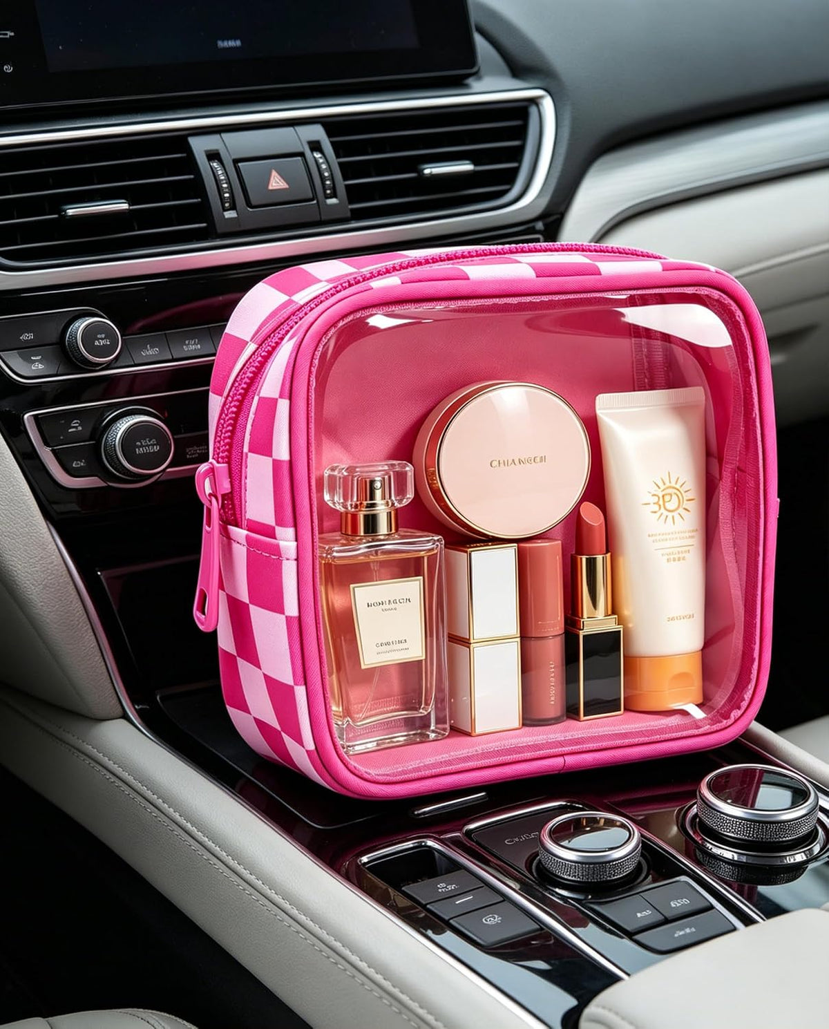 Clear Checkered Makeup Bag, Small Cosmetic Pouch with Zipper Mini Waterproof Makeup Purse Organizer Cute Cosmetic Bag Travel TSA Approved Toiletry Bag Car Organizer for Women Girls (Beige)