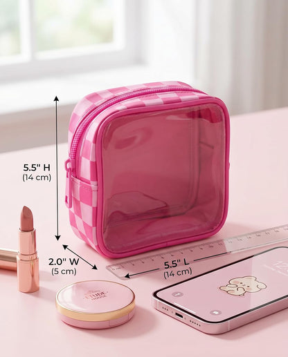 Clear Checkered Makeup Bag, Small Cosmetic Pouch with Zipper Mini Waterproof Makeup Purse Organizer Cute Cosmetic Bag Travel TSA Approved Toiletry Bag Car Organizer for Women Girls (Beige)