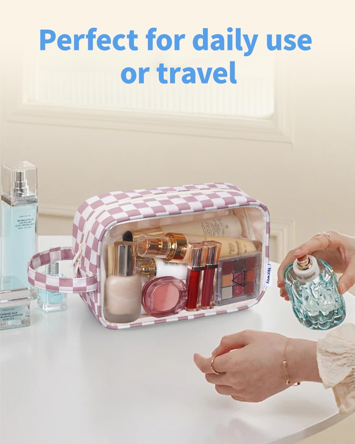 Clear Toiletry Bags for Traveling Women Men, Clear Travel Bags for Toiletries Makeup Bag Cosmetic Bag with Zipper, Make Up Organizer, Skincare Bag (Mint Green Checkerboard)