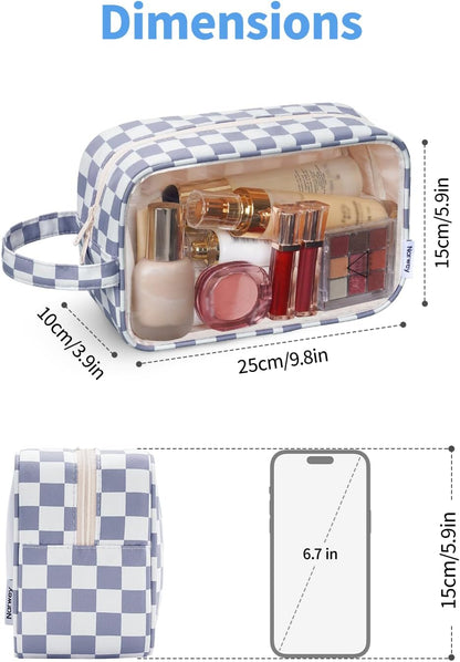 Clear Toiletry Bags for Traveling Women Men, Clear Travel Bags for Toiletries Makeup Bag Cosmetic Bag with Zipper, Make Up Organizer, Skincare Bag (Mint Green Checkerboard)