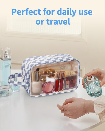 Clear Toiletry Bags for Traveling Women Men, Clear Travel Bags for Toiletries Makeup Bag Cosmetic Bag with Zipper, Make Up Organizer, Skincare Bag (Mint Green Checkerboard)