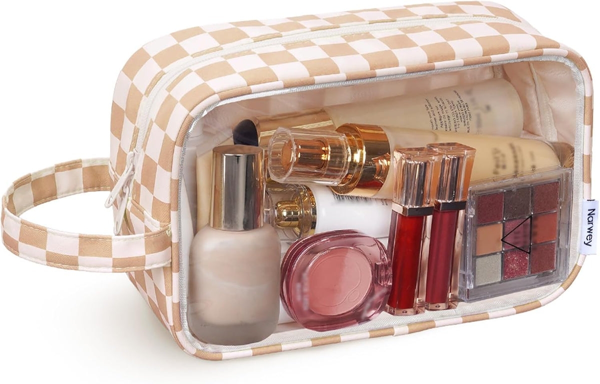 Clear Toiletry Bags for Traveling Women Men, Clear Travel Bags for Toiletries Makeup Bag Cosmetic Bag with Zipper, Make Up Organizer, Skincare Bag (Mint Green Checkerboard)