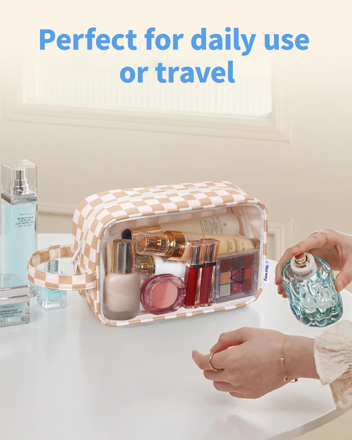 Clear Toiletry Bags for Traveling Women Men, Clear Travel Bags for Toiletries Makeup Bag Cosmetic Bag with Zipper, Make Up Organizer, Skincare Bag (Mint Green Checkerboard)
