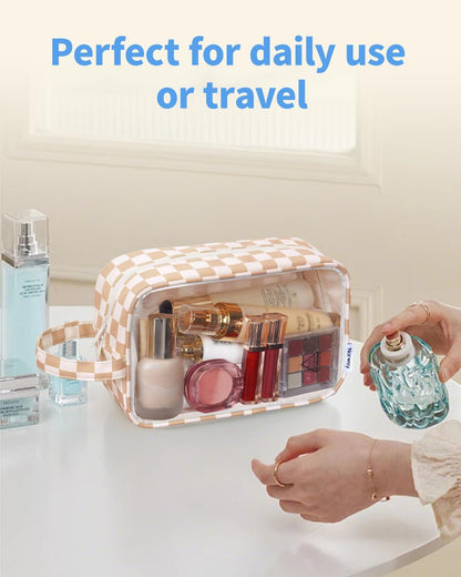 Clear Toiletry Bags for Traveling Women Men, Clear Travel Bags for Toiletries Makeup Bag Cosmetic Bag with Zipper, Make Up Organizer, Skincare Bag (Mint Green Checkerboard)