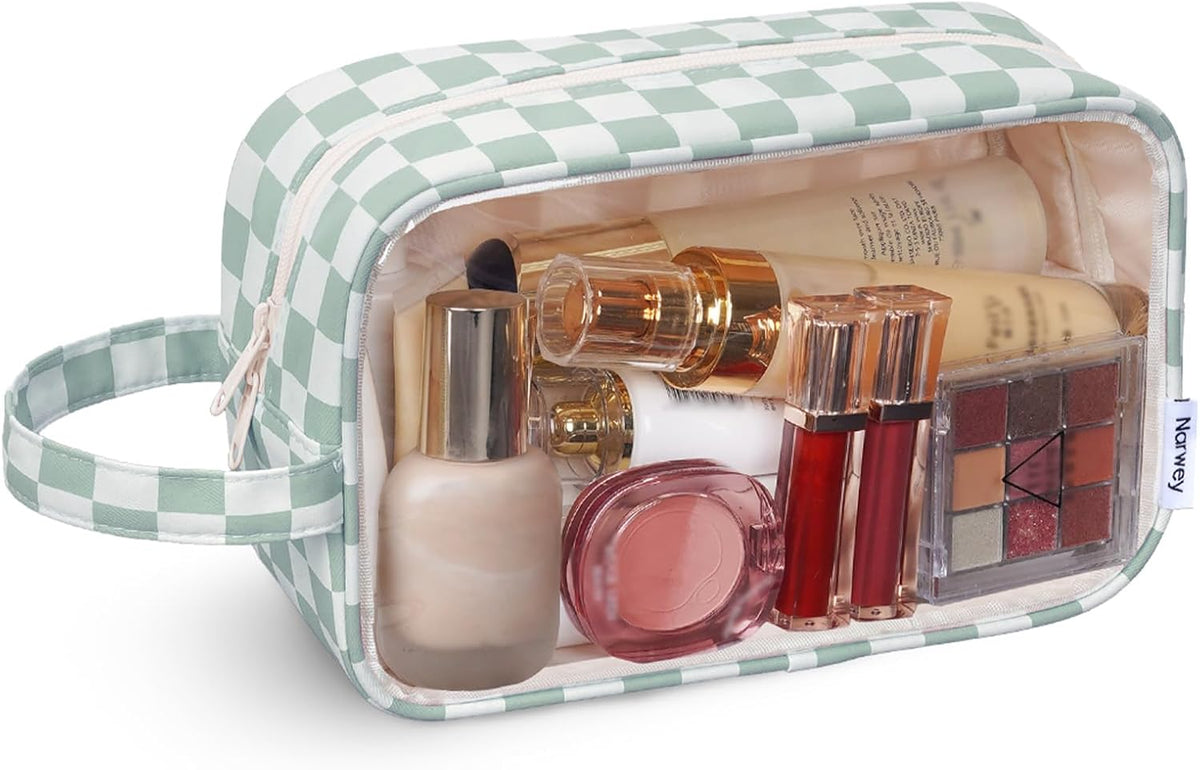 Clear Toiletry Bags for Traveling Women Men, Clear Travel Bags for Toiletries Makeup Bag Cosmetic Bag with Zipper, Make Up Organizer, Skincare Bag (Mint Green Checkerboard)