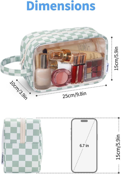 Clear Toiletry Bags for Traveling Women Men, Clear Travel Bags for Toiletries Makeup Bag Cosmetic Bag with Zipper, Make Up Organizer, Skincare Bag (Mint Green Checkerboard)