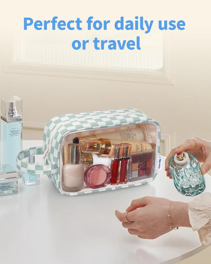Clear Toiletry Bags for Traveling Women Men, Clear Travel Bags for Toiletries Makeup Bag Cosmetic Bag with Zipper, Make Up Organizer, Skincare Bag (Mint Green Checkerboard)
