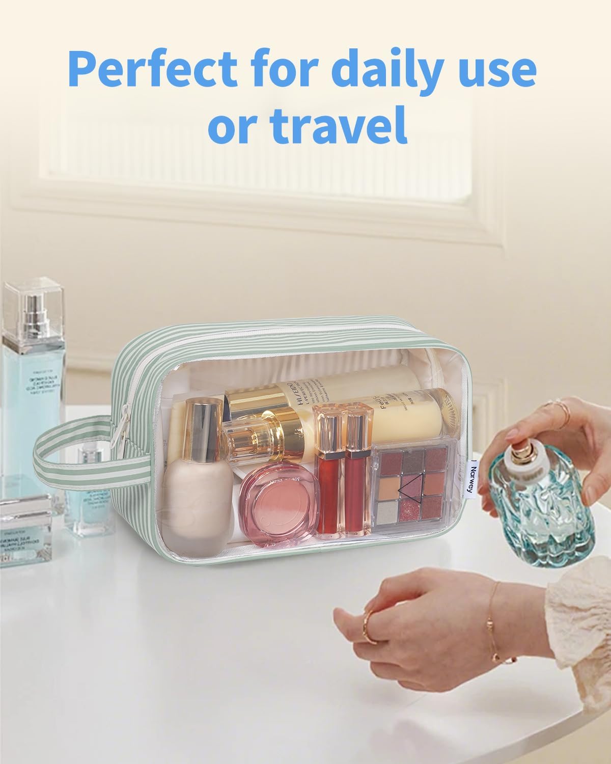 Clear Toiletry Bags for Traveling Women Men, Clear Travel Bags for Toiletries Makeup Bag Cosmetic Bag with Zipper, Make Up Organizer, Skincare Bag (Mint Green Checkerboard)