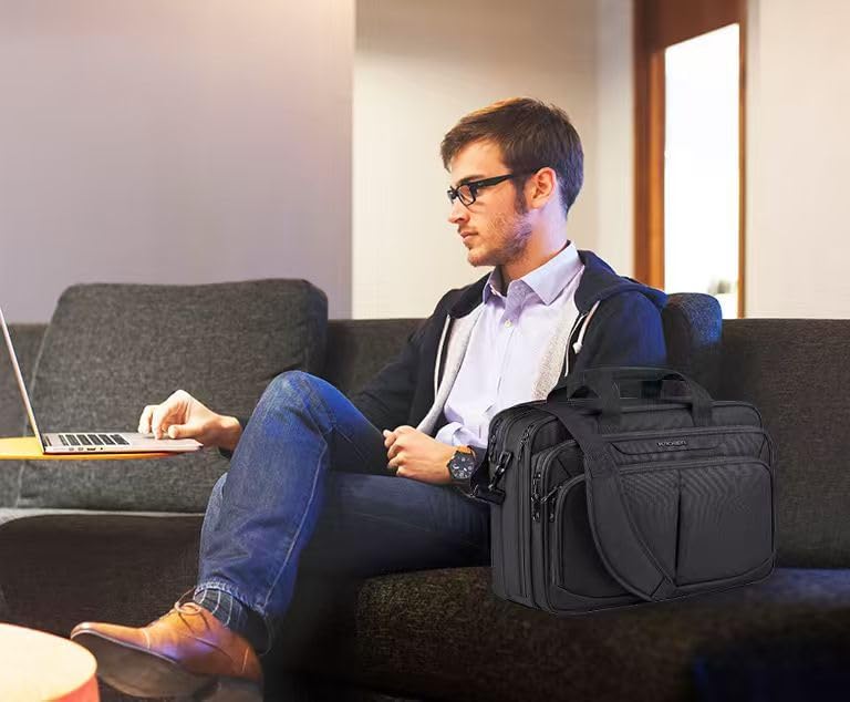 Laptop Bag Expandable Lightweight Briefcase for 17.3" Laptop Premium Business Work Bag Water-Repellent Messenger Bag for Travel/Women/Men-Black