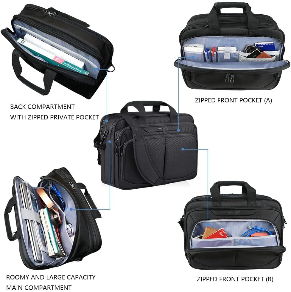 Laptop Bag Expandable Lightweight Briefcase for 17.3" Laptop Premium Business Work Bag Water-Repellent Messenger Bag for Travel/Women/Men-Black