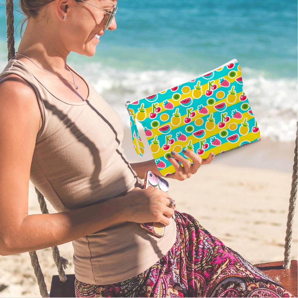 Wet Dry Bag, Wet Bag for Swimsuit, Diaper Sunscreen Large Zipper Pouch Waterproof Pouch, Beach Bags for Women, Cherry and Orange Pattern, Gifts for Ladies Girls Friends Colleagues and Sisters