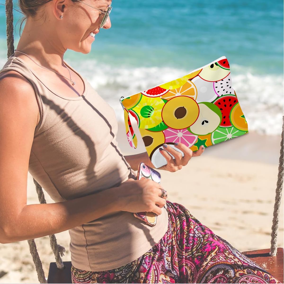 Wet Dry Bag, Wet Bag for Swimsuit, Diaper Sunscreen Large Zipper Pouch Waterproof Pouch, Beach Bags for Women, Cherry and Orange Pattern, Gifts for Ladies Girls Friends Colleagues and Sisters