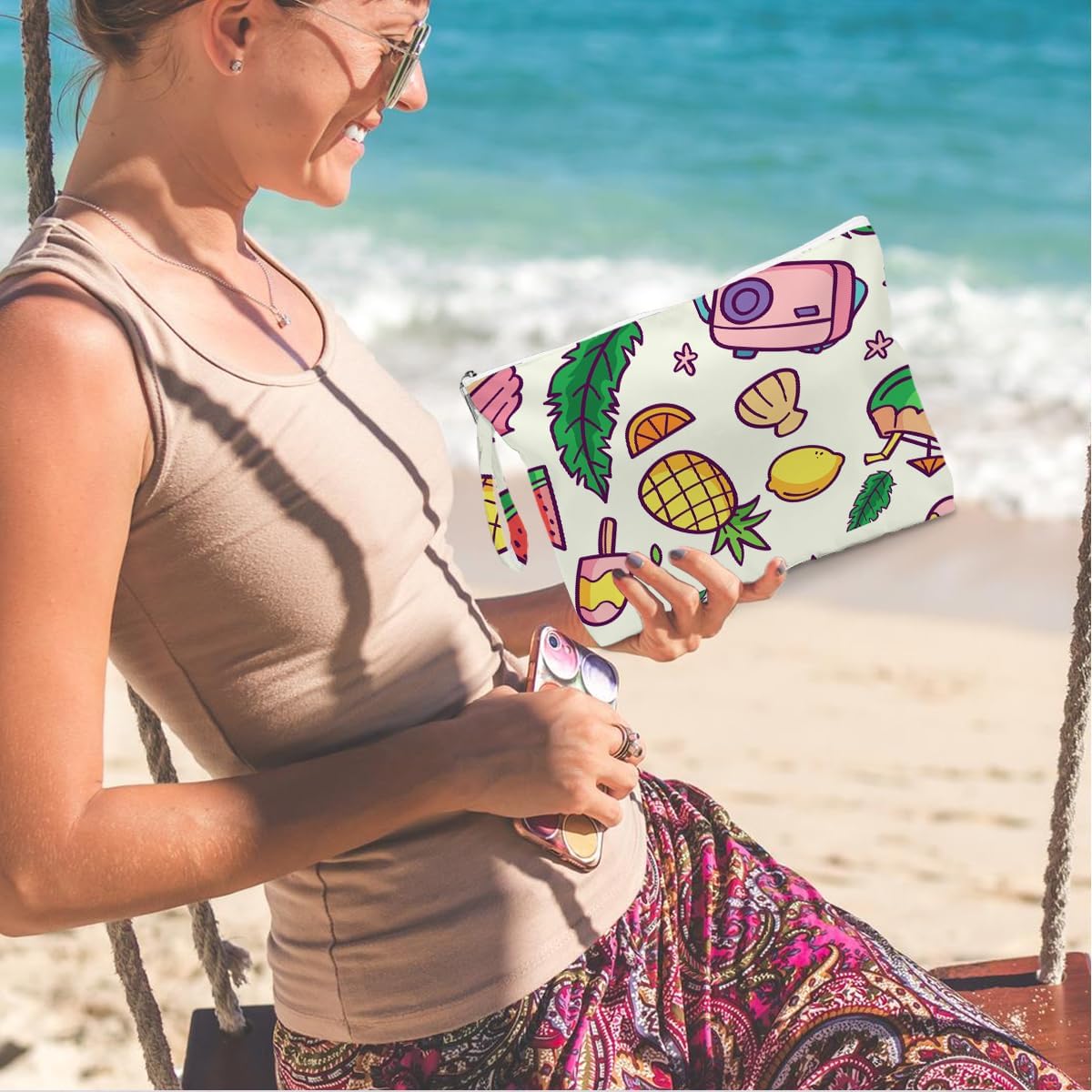 Wet Dry Bag, Wet Bag for Swimsuit, Diaper Sunscreen Large Zipper Pouch Waterproof Pouch, Beach Bags for Women, Cherry and Orange Pattern, Gifts for Ladies Girls Friends Colleagues and Sisters