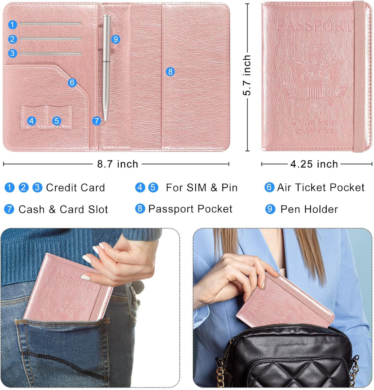RFID BLOCKING Passport Holder Travel Wallet - Premium PU Leather Cover Passport book with Card Holder, Pen Slot, Keep Organization, and Travel Essentials for Women and Men, Blossom
