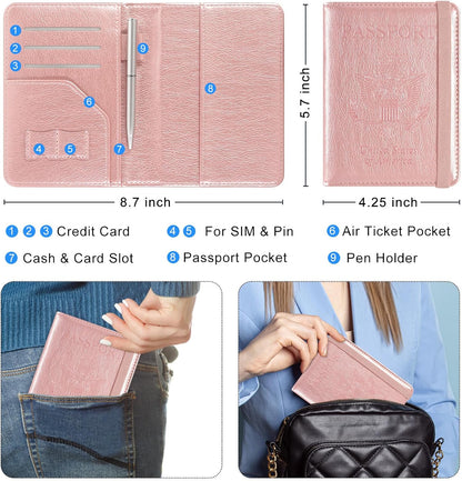 RFID BLOCKING Passport Holder Travel Wallet - Premium PU Leather Cover Passport book with Card Holder, Pen Slot, Keep Organization, and Travel Essentials for Women and Men, Blossom