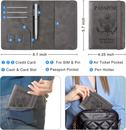 RFID BLOCKING Passport Holder Travel Wallet - Premium PU Leather Cover Passport book with Card Holder, Pen Slot, Keep Organization, and Travel Essentials for Women and Men, Blossom